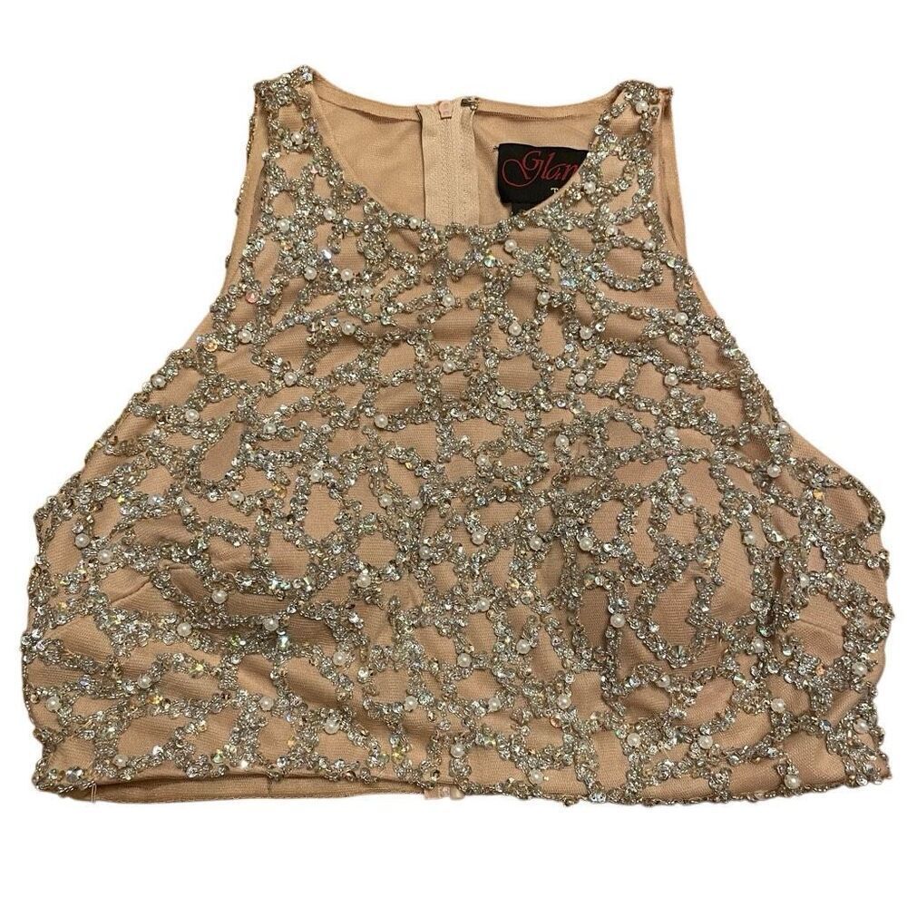 Glamour by Terani Couture Womens Nude Beaded Crop Top 4 Formal Sleeveless Glam